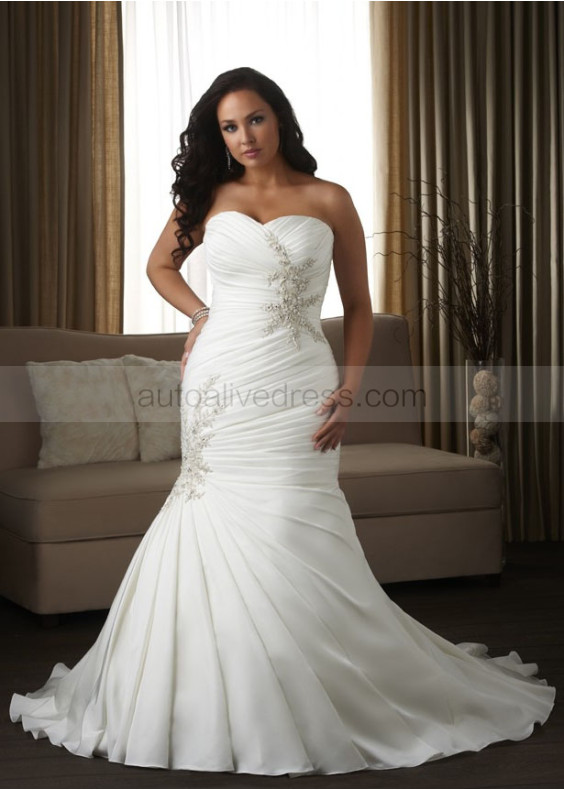 Mermaid Ivory Eugen Satin Beads Strapless Plus Size Wedding Dress